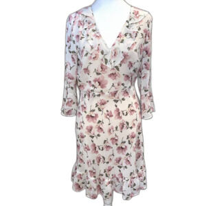 Promesa Women's M Pink Floral Vintage Sheer Knee Length Ruffle V Neck Sun Dress